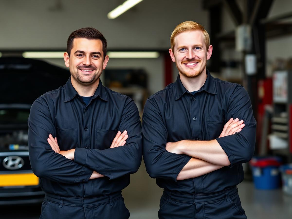 Two experienced mechanics standing outside their garage workshop
