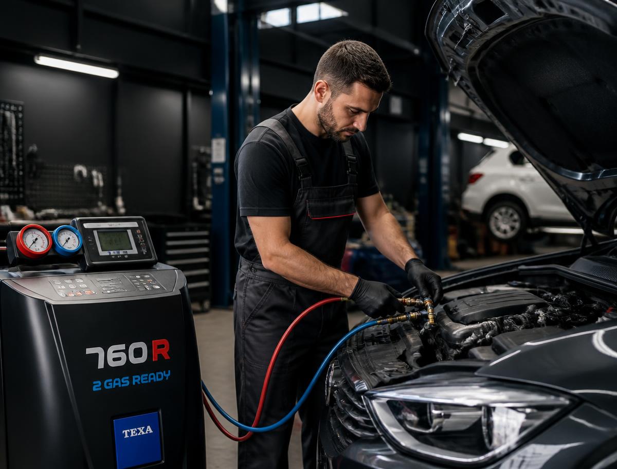 Air conditioning regas machine connected to a car engine bay