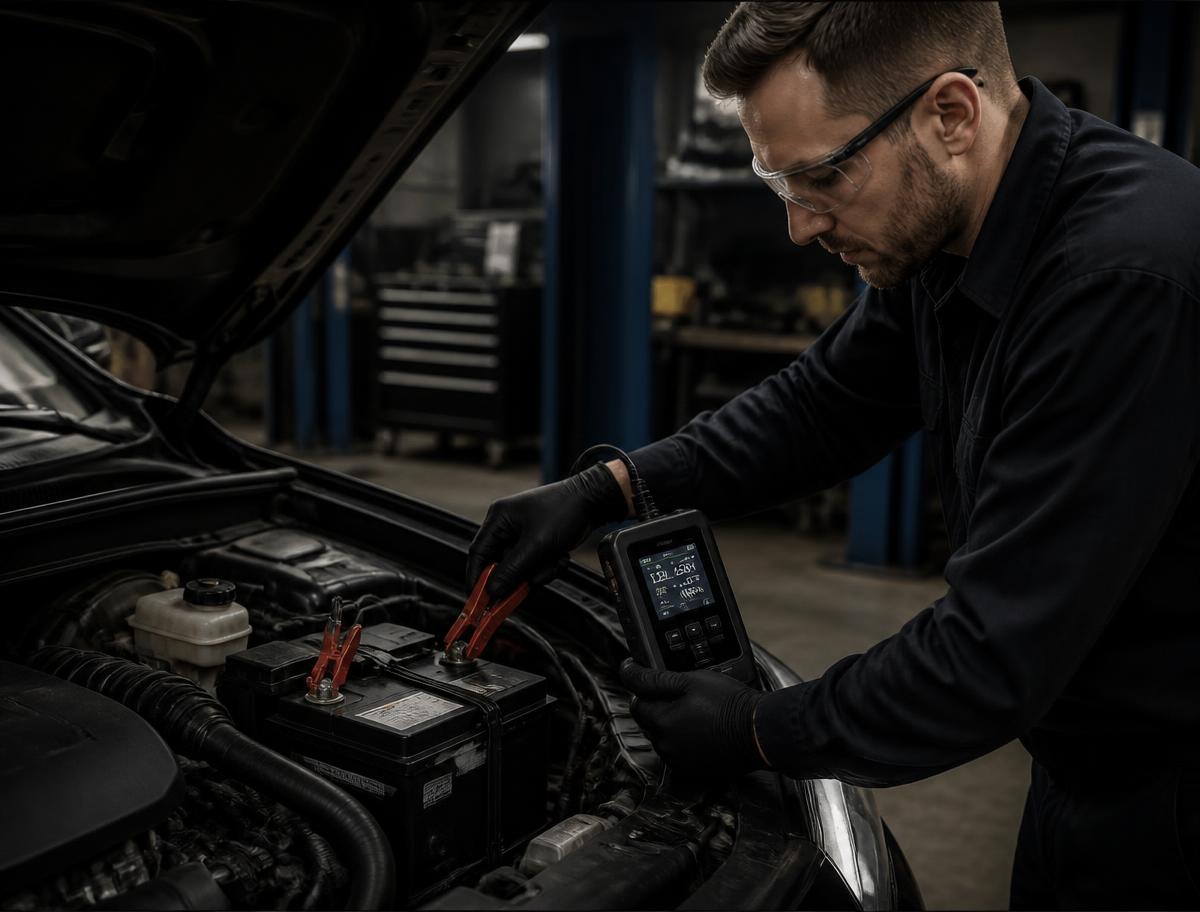 Mechanic testing a car battery with a digital battery tester