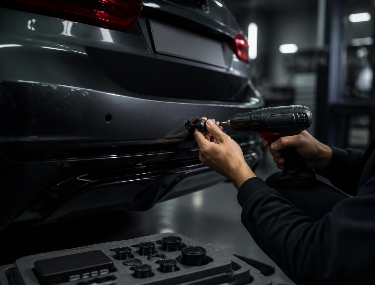 Rear parking sensors being fitted into a car bumper