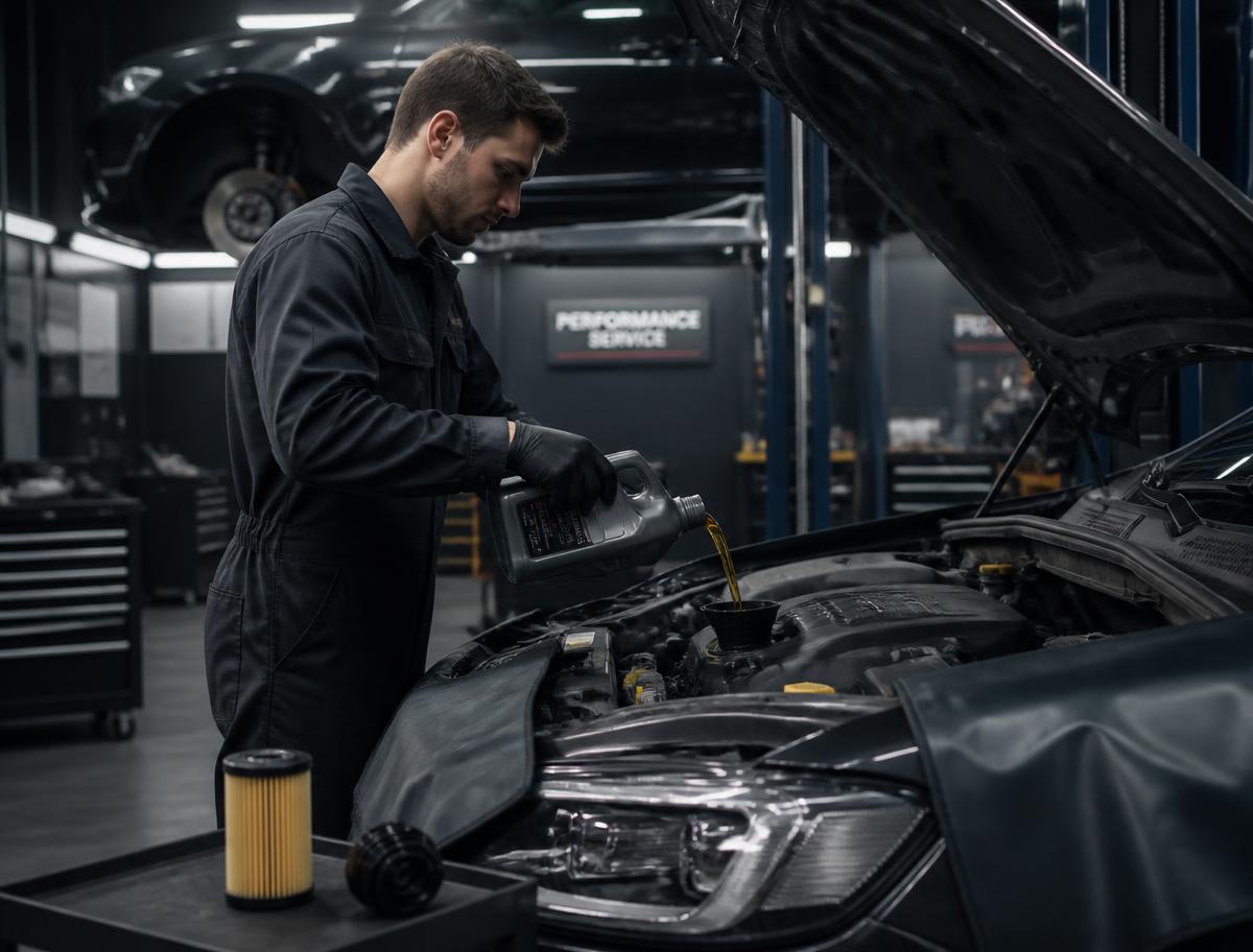 Technician carrying out an oil and filter change during a car service