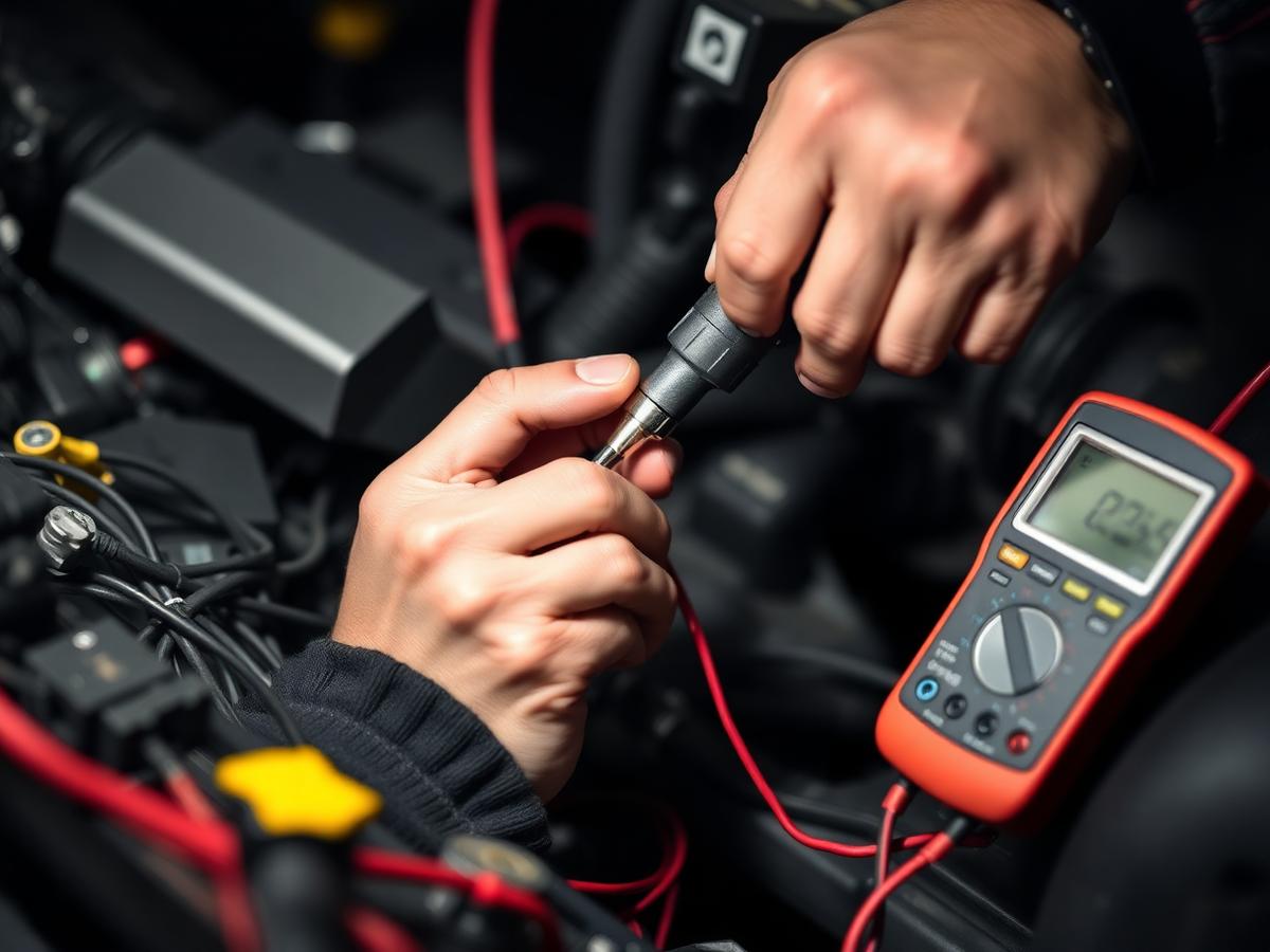 Close-up of an auto electrician repairing a vehicle wiring loom