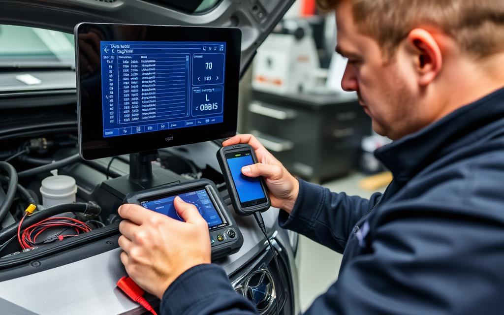 Diagnostic scan tool plugged into a vehicle showing live engine data